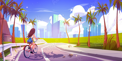 Girl on bicycle ride on street to city background. Palm tree cityscape on road with woman cyclist tropic landscape illustration. Cartoon female person outdoor fitness activity near town in summer