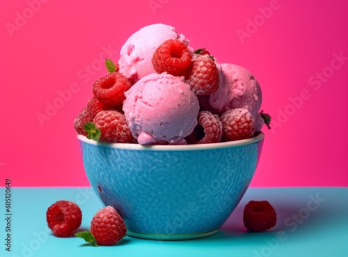 Illustration of a blue bowl filled with ice cream and raspberries on a blue and pink background - created with Generative AI technology