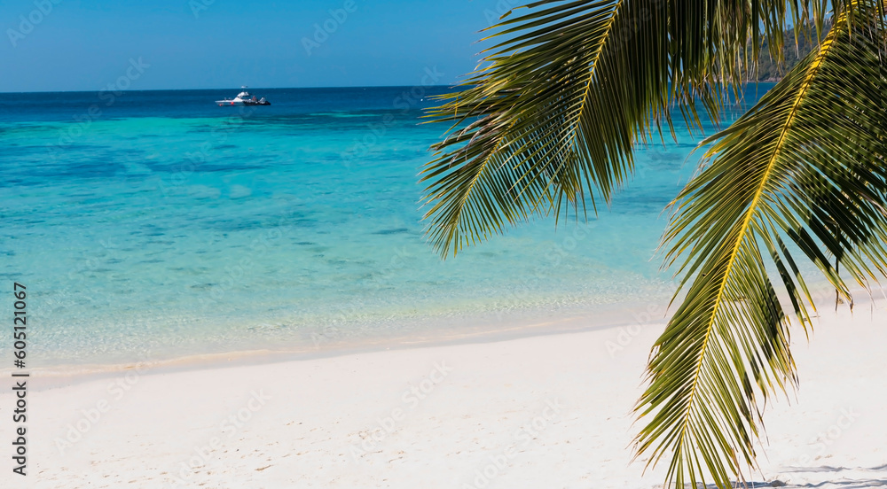 Banner view of summer tropical on the sandy beach and turquoise Tropical beach with blue sky background