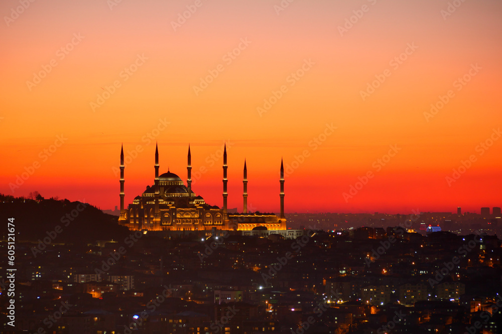 istanbul camlica mosque with night view and city lights. 