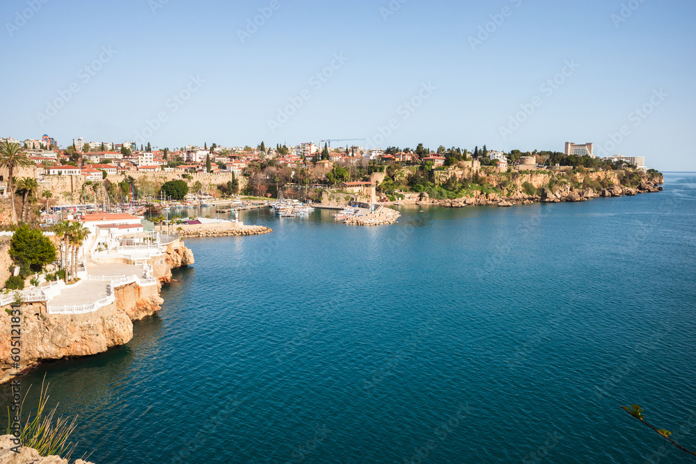 Panoramic view of Antalya Old Town port, Taurus mountains and Mediterrranean Sea, Turkey - may 2023