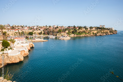 Panoramic view of Antalya Old Town port, Taurus mountains and Mediterrranean Sea, Turkey - may 2023