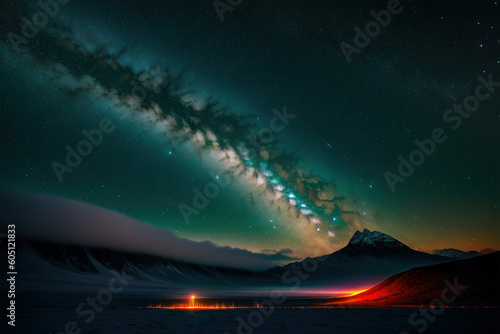 Aurora borealis in the night starry sky above the mountains. Generative AI