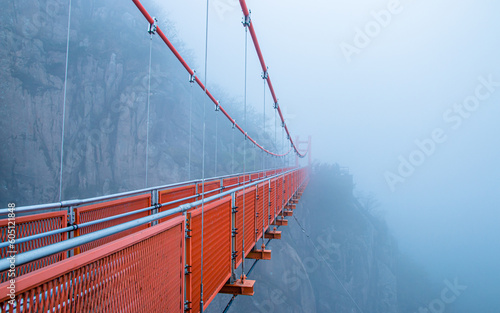 Landscape view of Cloud Bridge during foggy in Wolchulsan national Park, Yeongam, South Korea. photo