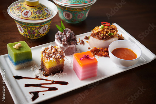 Assorted Nyonya sweet dessert or simply known as kueh or kuih. Traditional nyonya kuih platter. Selective focus