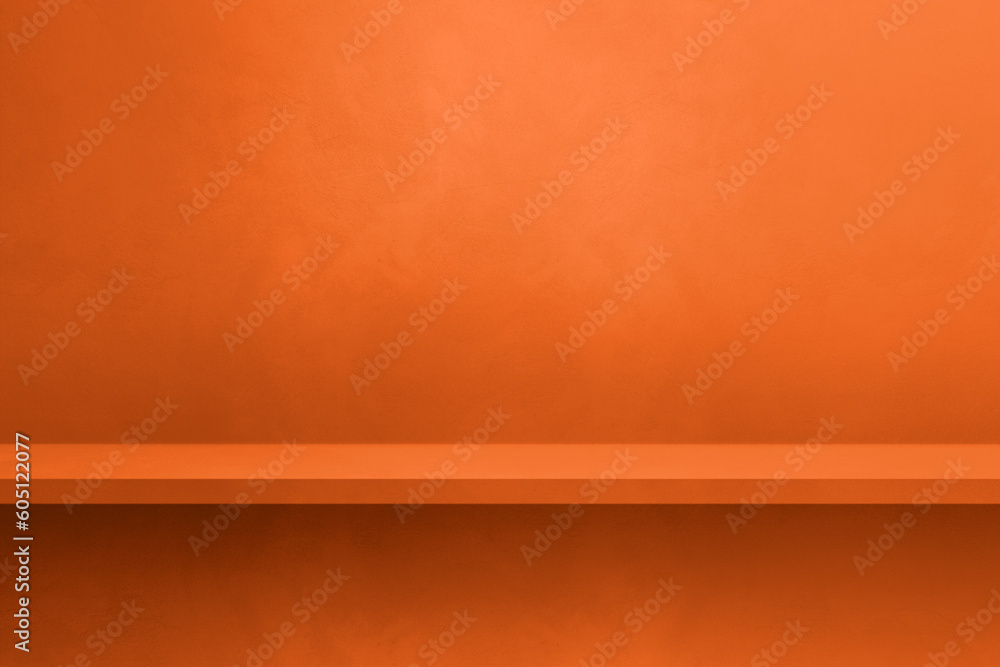 Empty shelf on a neon orange concrete wall. Background template. Horizontal mockup Empty shelf on a neon orange concrete wall. Background template. Horizontal mockup