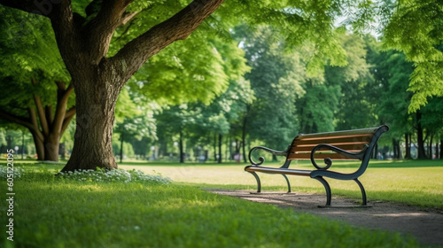A park bench in the sunlight with the sun shining on the grass.