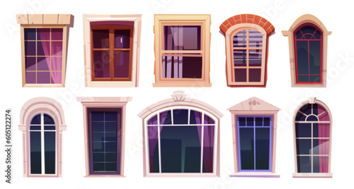 Vector house glass window frame isolated cartoon set on white background. Vintage building exterior illustration element collection. Beautiful architecture with retro and modern profile clipart