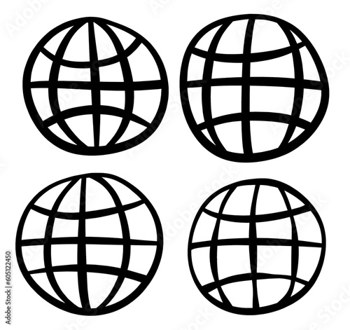 Doodle set of cute website . Doodle earth icon. Hand drawn globe icon.