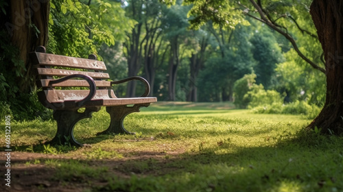 A park bench in the sunlight with the sun shining on the grass.