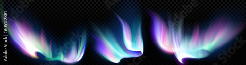 Aurora borealis, northern polar lights isolated on transparent background. Abstract iridescent shine effects in arctic night sky, vector realistic illustration