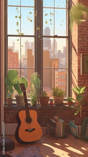 Interior with plants and instrument - Aesthetic lo-fi relaxing phone wallpaper illustration