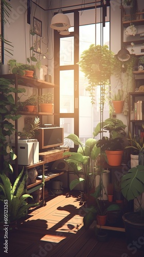 Interior with plants - Aesthetic lo-fi relaxing phone wallpaper illustration