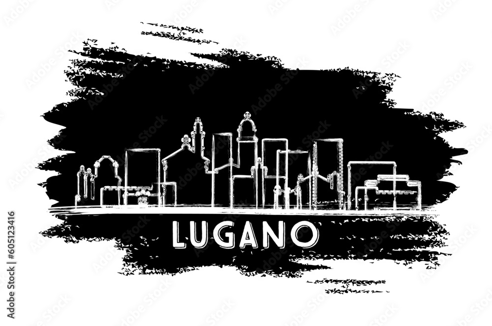 Lugano Switzerland City Skyline Silhouette. Hand Drawn Sketch. Business Travel and Tourism Concept with Historic Architecture.