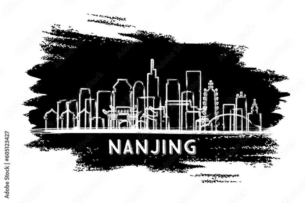 Fototapeta premium Nanjing China City Skyline Silhouette. Hand Drawn Sketch. Business Travel and Tourism Concept with Historic Architecture.