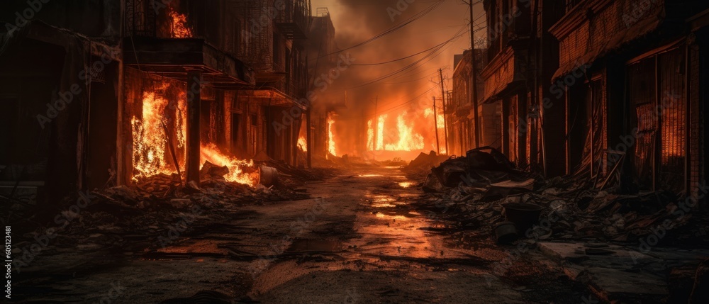 Obraz premium A burning street engulfed in fire and smoke. Generative AI