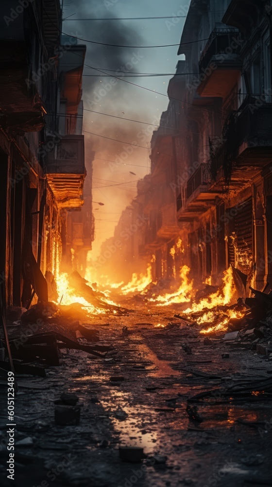 Obraz premium A burning street engulfed in fire and smoke. Generative AI