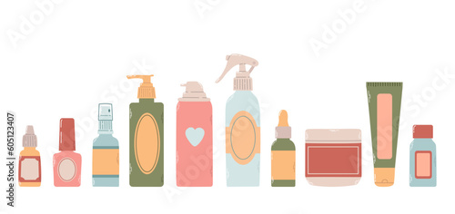Set of different bottles, flacons, sprays for design cosmetic products in colorful flat vector illustration. Cosmetology, dermatology, podology