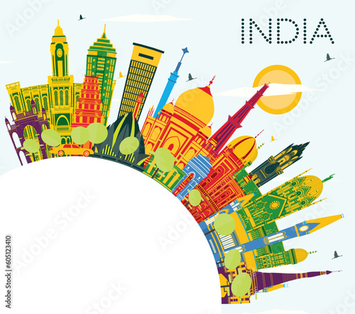 India City Skyline with Color Buildings, Blue Sky and Copy Space. Delhi. Mumbai, Bangalore, Chennai.