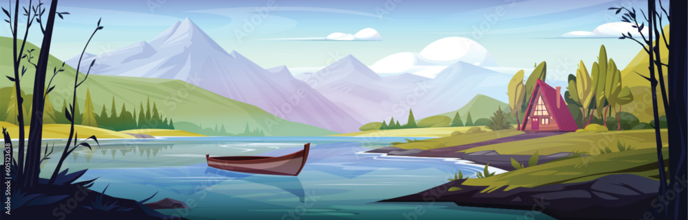 Beautiful mountain landscape with lake. Vector cartoon illustration of ...