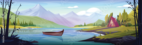 Beautiful mountain landscape with lake. Vector cartoon illustration of spring Alpine nature, wooden boat floating on water, glamping hut in green valley, pine forest trees, blue sky with clouds