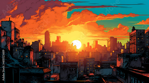Colorful comic scene background with city silhouette Generative AI