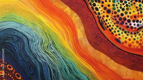 Abstract theme of Australian Indigenous Aboriginal art. Represent style and dot painting techniques. Cultural, traditional art concept.AI abstract image. 