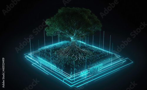 A beautiful large tree growing on the micro chip computer circuit board showing concept of digital business CSR and ethics, generative AI