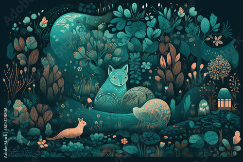 an illustration depicting an interesting forest, in the style of dark turquoise and light green, generative AI