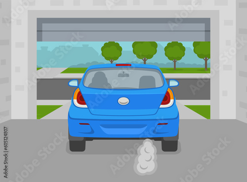 Safe driving tips and rules. Driver starts engine after opening the garage door. Back view of a car in garage. Flat vector illustration template.