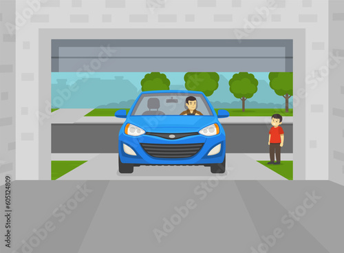 Boy is waiting near while his father drives into the garage. Opened home garage door. View from inside of the garage. Flat vector illustration template.