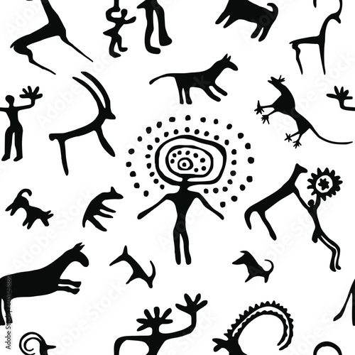 Seamless petroglyph pattern, rock paintings of Central Asia, isolated on white background, vector design
