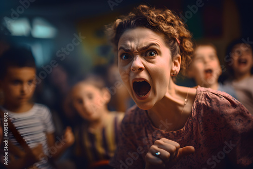 Educational concept theme  portrait of the angry teacher woman yells at students emotionally expressing dissatisfaction about the performance of the group class team. Generative AI.
