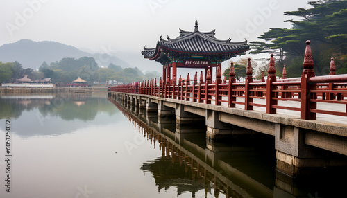 A bridge crafted with ancient hands  Spanning the river s flowing strands  In traditional artistry  it stands  A testament to craftsmanship s demands.
