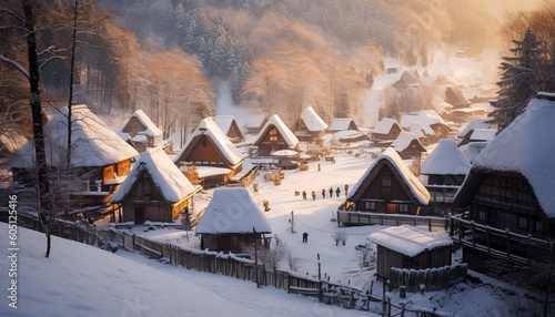 Traditional Huts Embraced by Snowy Peaks and Forests in Shirakawa-go  Gifu