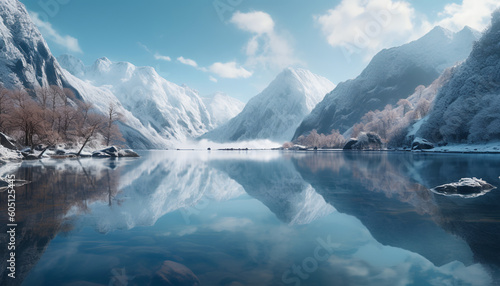 A frozen mirror of tranquility Where mountains and skies meet The lake s icy surface reflects  A mesmerizing mountainous vista.