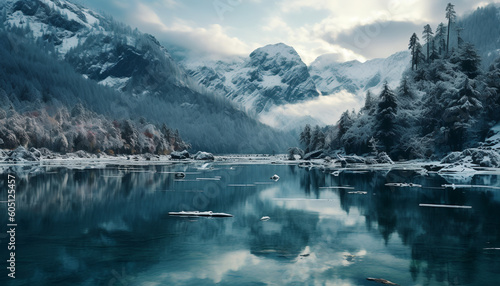 A frozen mirror of tranquility,Where mountains and skies meet,The lake's icy surface reflects, A mesmerizing mountainous vista.
