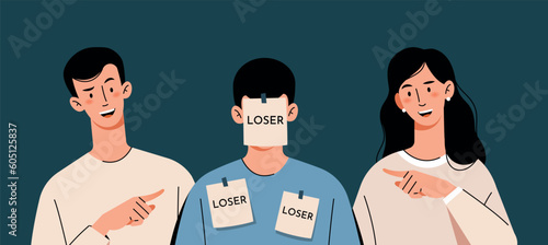 People point the finger at the loser man. A victim of bullying. Ridicule and rejection by society. A person with badges is a loser subjected to people's insults.Concept illustration