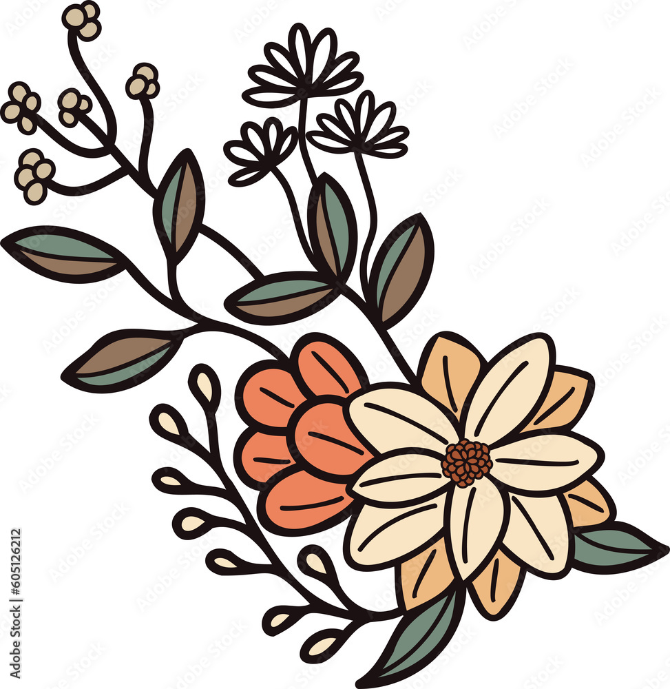 Hand Drawn flowers with twigs in doodle style Hand Drawn flowers with twigs in doodle style