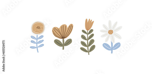 Cute Simple Flowers - flat illustration in modern style. Vector illustration with flowers, leaves