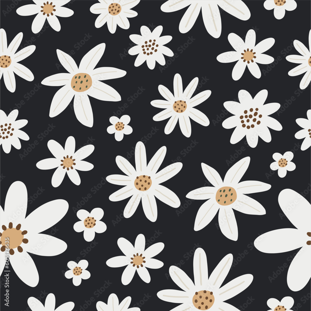 Cute Simple Flowers - flat illustration in modern style. Vector illustration with flowers, leaves. Seamless pattern