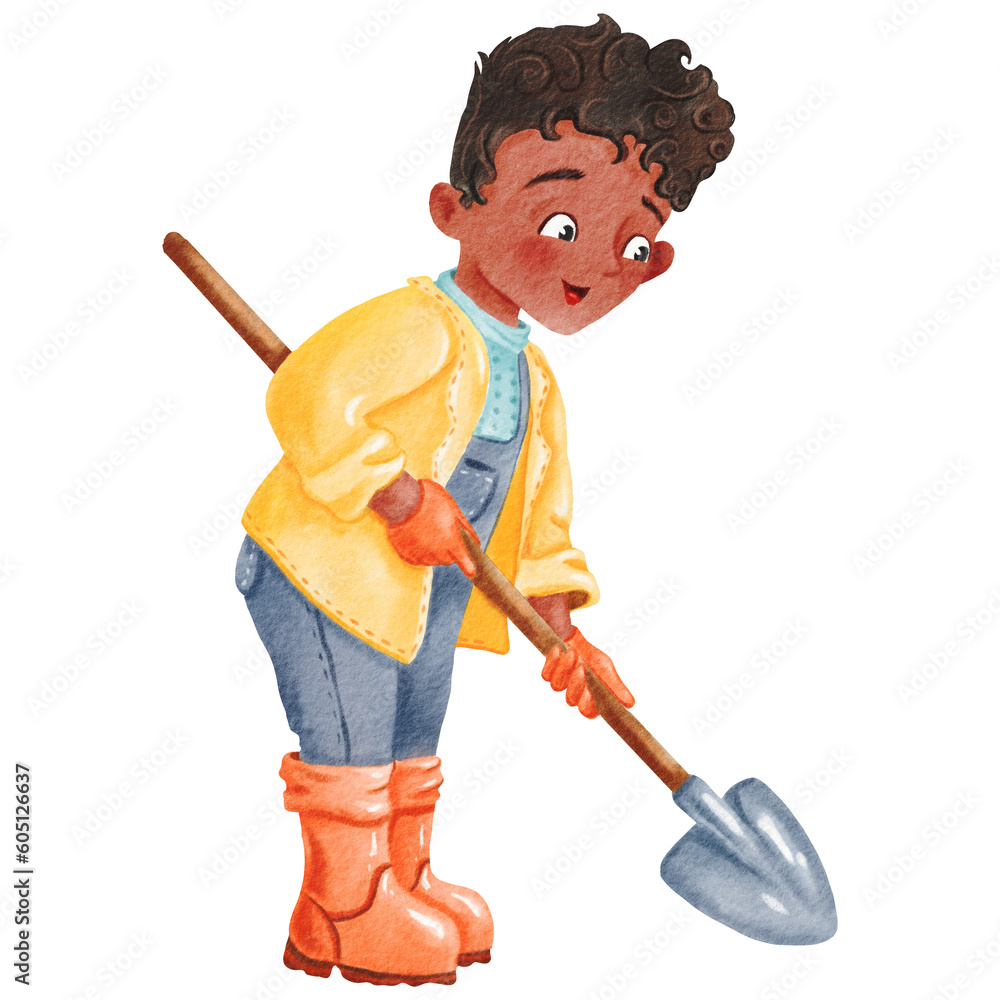 Cute brunette Boy Digging with Shovel, Little Kid Working on Farm ...