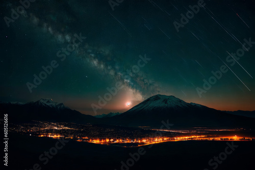 Aurora borealis in the night starry sky above the mountains. Generative AI