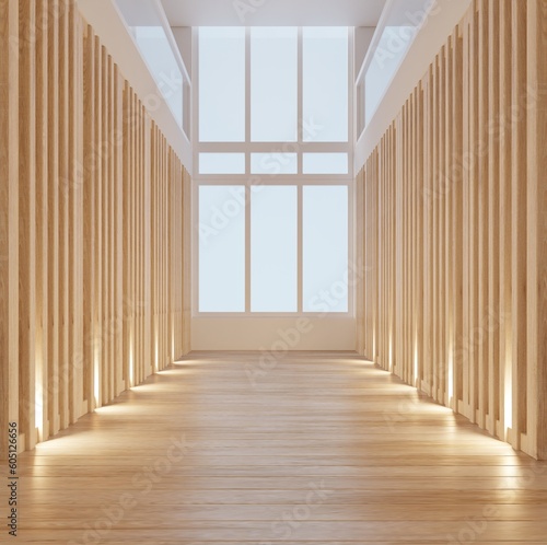 The interior hall is minimalist style and the side walls are beige wooden slats.3d rendering