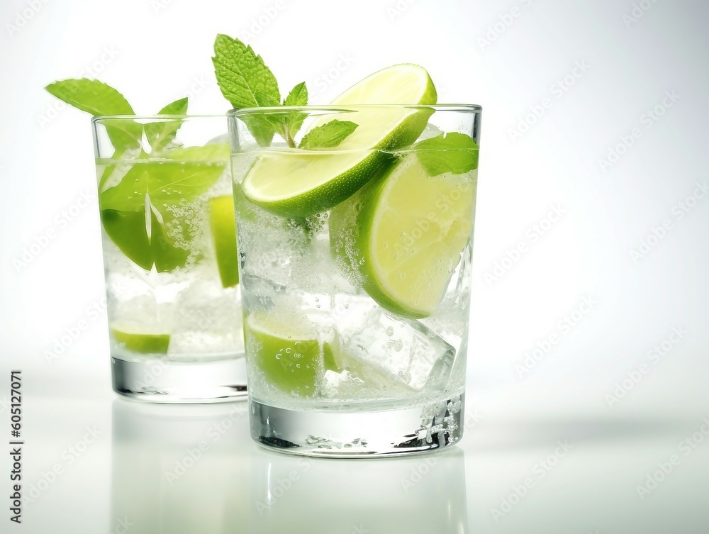 Two glasses of summer mojito cocktail with lime and mint on white background, AI generated Two glasses of summer mojito cocktail with lime and mint on white background, AI generated