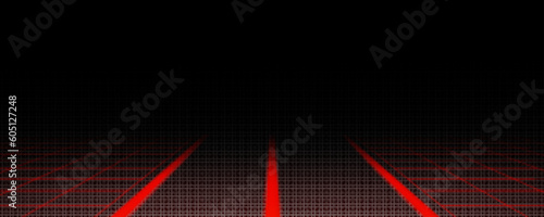 Red laser grid cyber newretrowave game background. Retrowave neon landscape with road line and synthwave. Transparent geometric speed straight path illustration perspective panoramic border design photo