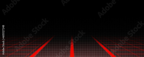 Red laser grid cyber newretrowave game background. Retrowave neon landscape with road line and synthwave. Transparent geometric speed straight path illustration perspective panoramic border design
