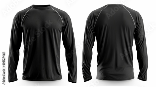 Black long sleeve t shirt front and back view isolated on white background.