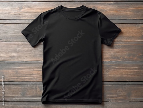 Black t shirt in front view, isolated on wood table. Ready for your mock up design template. Generative AI