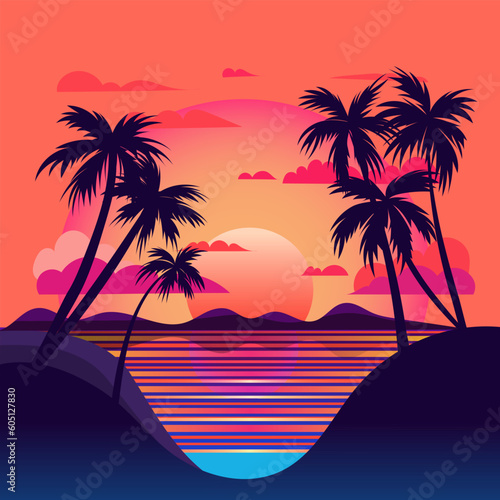 Vaporwave sunset, 80s synthwave styled landscape with sea, palm trees and sun. Vector illustration in flat style